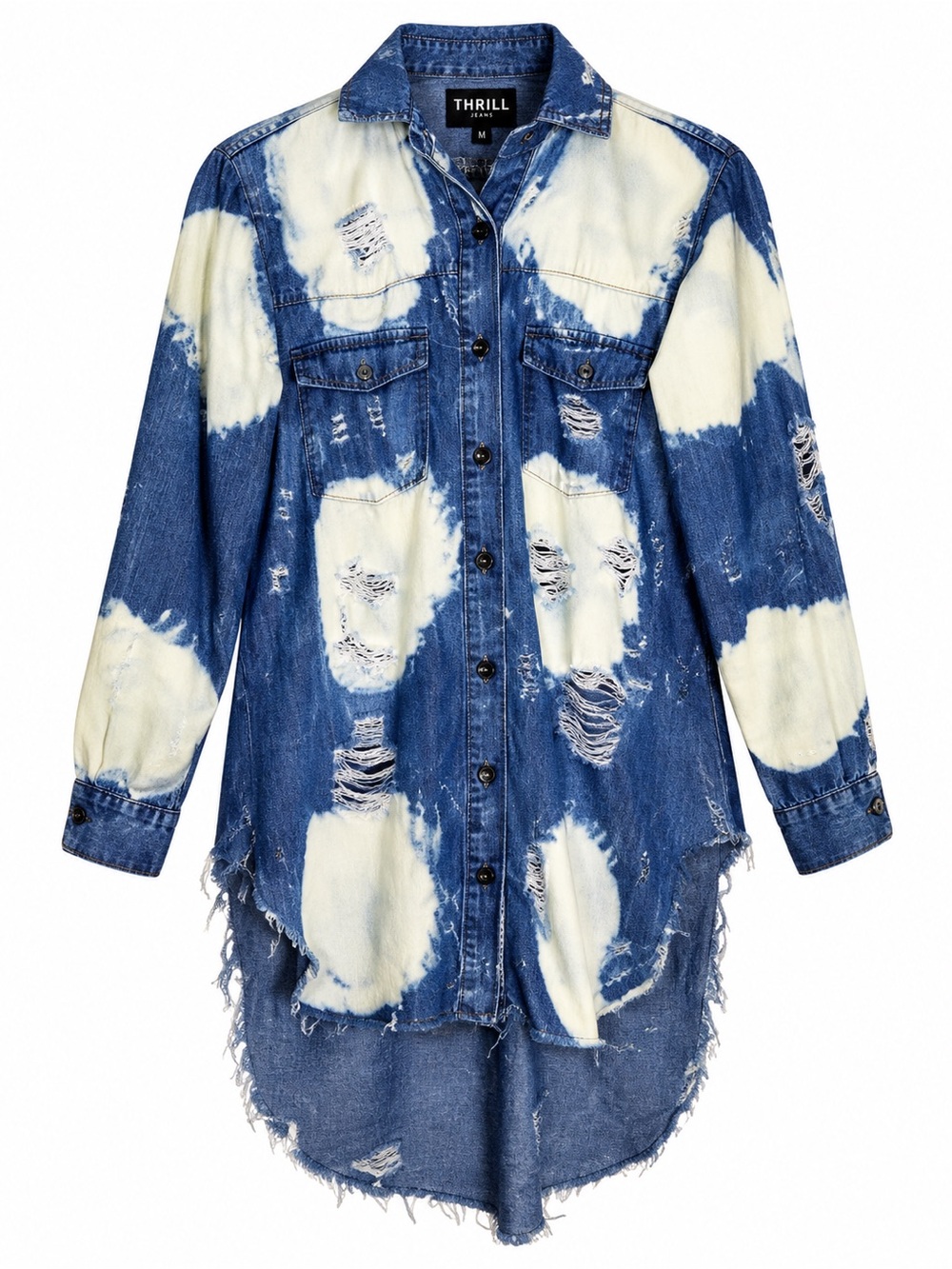 Thrill Jeans Womens M Factory Distressed Bleached Hi Low Denim Shirt